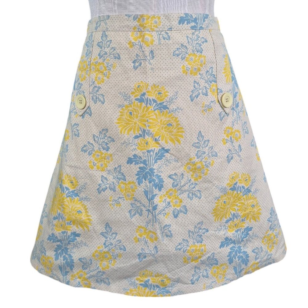 EC Star Floral A Line Mini Skirt in blue yellow and cream structured fabric XL